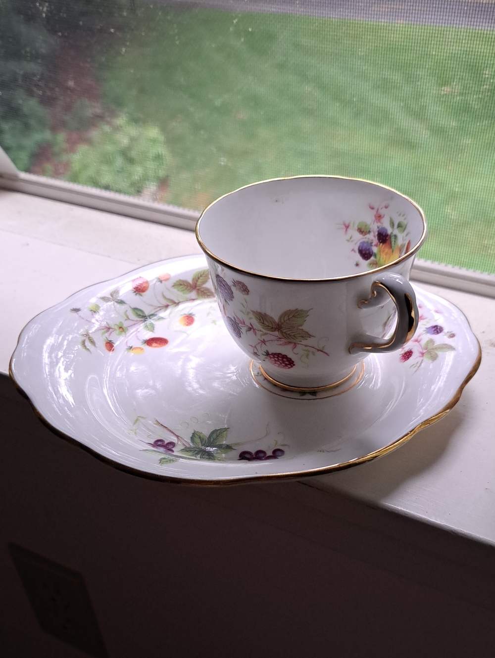 Fine Porcelain White Teacup & Saucer Set with Gold Trim and Berry Floral Pattern